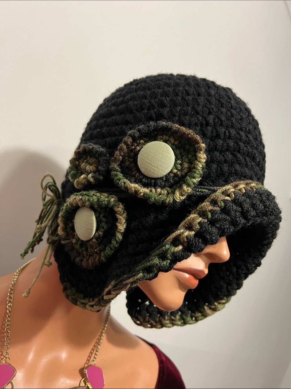 Black Crochet Cloche Hat with Olive Trim and Accent Buttons